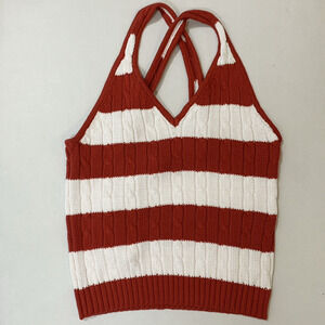 VTG 90s Women 100% Cotton Stripped Cable Knit Halter Top Sz M Coastal Preppy